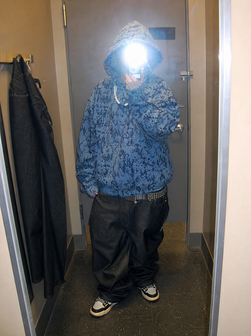 Skull Camo Hoodie styled Y2K, fitting room mirror flash selfie